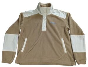 Columbia Mens L Fleece Pullover Tan White Snap Mock Neck Long Sleeve Jacket